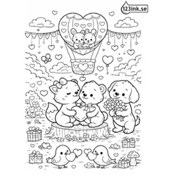 Illustration av söta djur i romantisk miljö med hjärtan och presenter